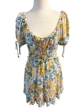 Liberty Love White & Yellow Multicoloured Floral Mini Dress Size L Summer Ready